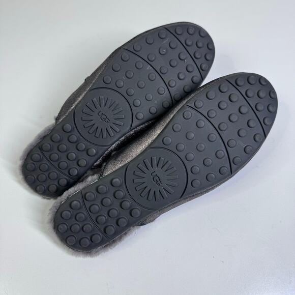 UGG Slippers 11 Lane Metallic Gunmetal Suede Fur Lined Sheepskin Loafer Mule - Picture 11 of 13